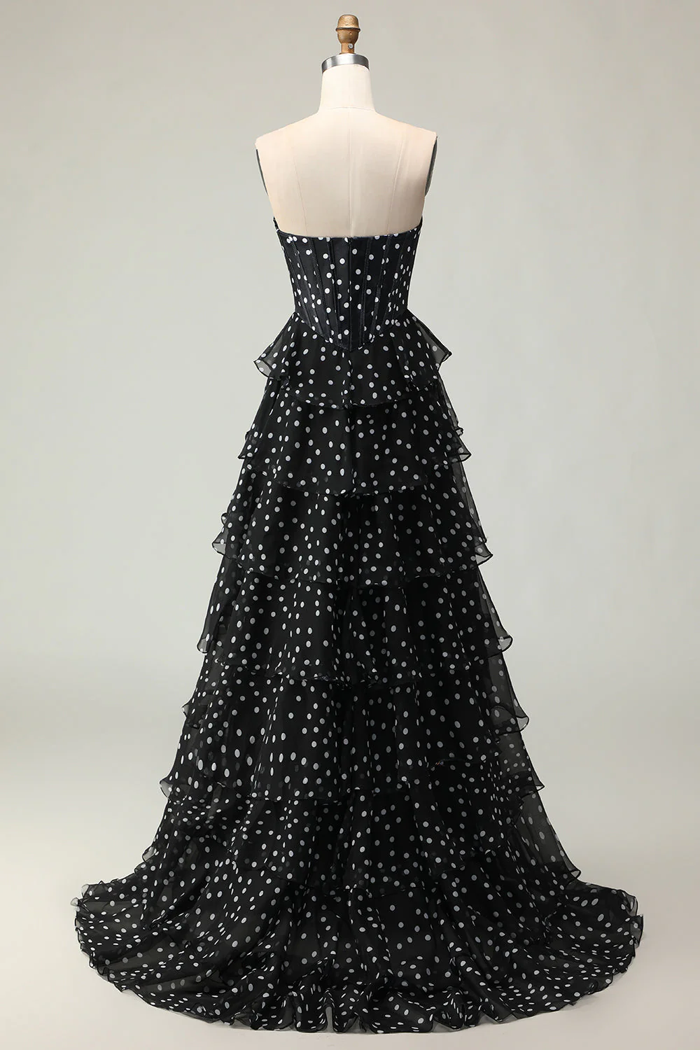 White A Line Strapless Polka Dots Tiered Ruffle Corset Long Prom Dress with Slit - Image 8