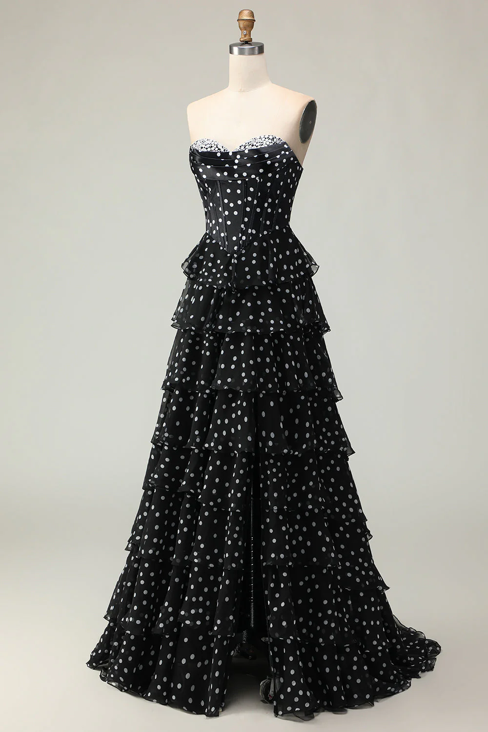 White A Line Strapless Polka Dots Tiered Ruffle Corset Long Prom Dress with Slit - Image 9