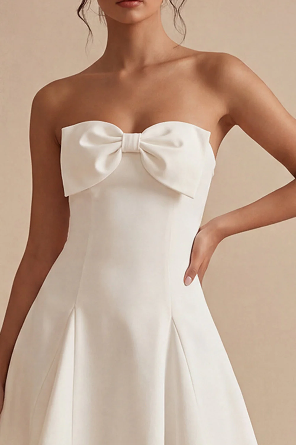 Strapless White A Line Mini Graduation Dress with Bow - Image 3
