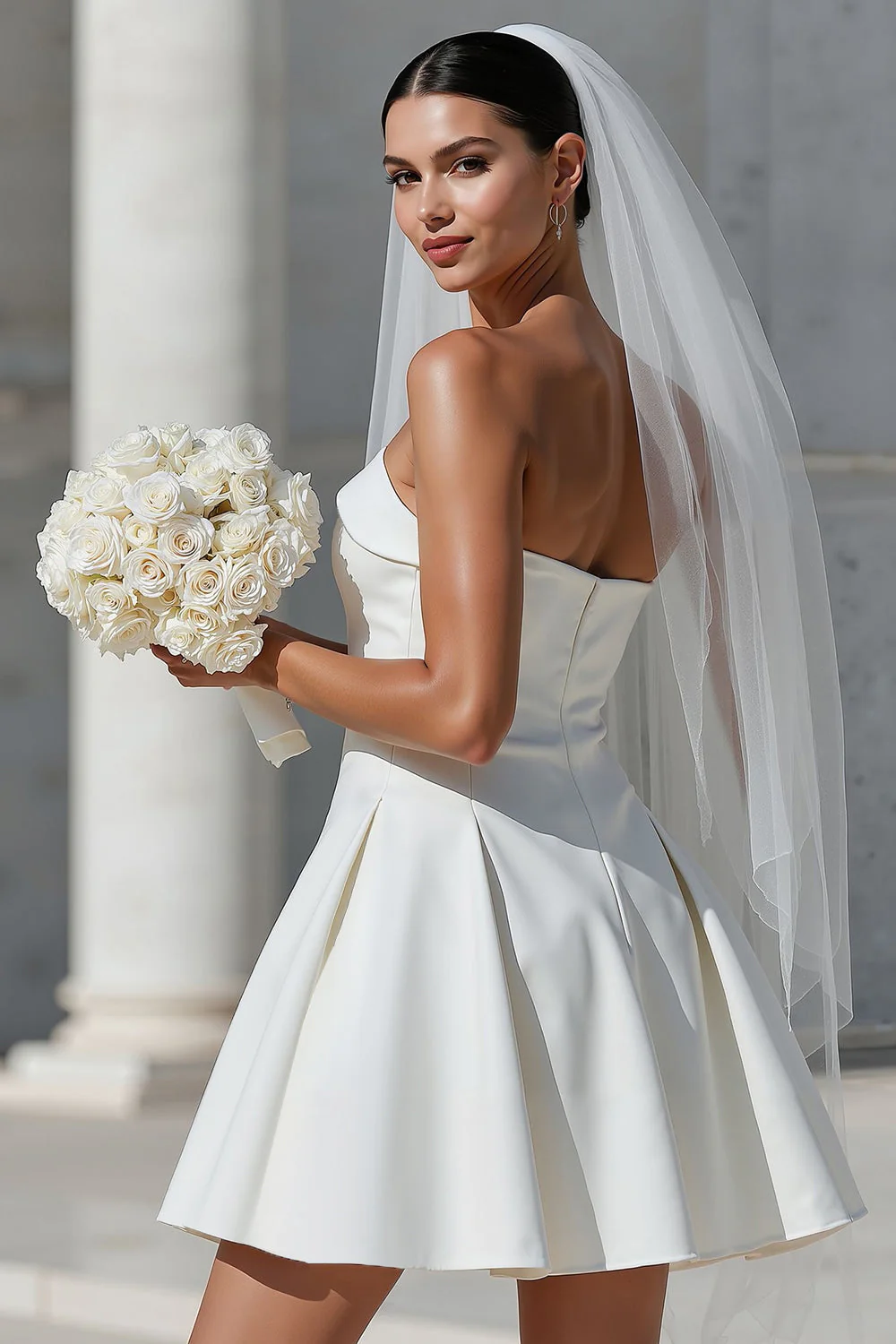 White A Line Strapless Short Wedding Dress with Pockets - Image 2