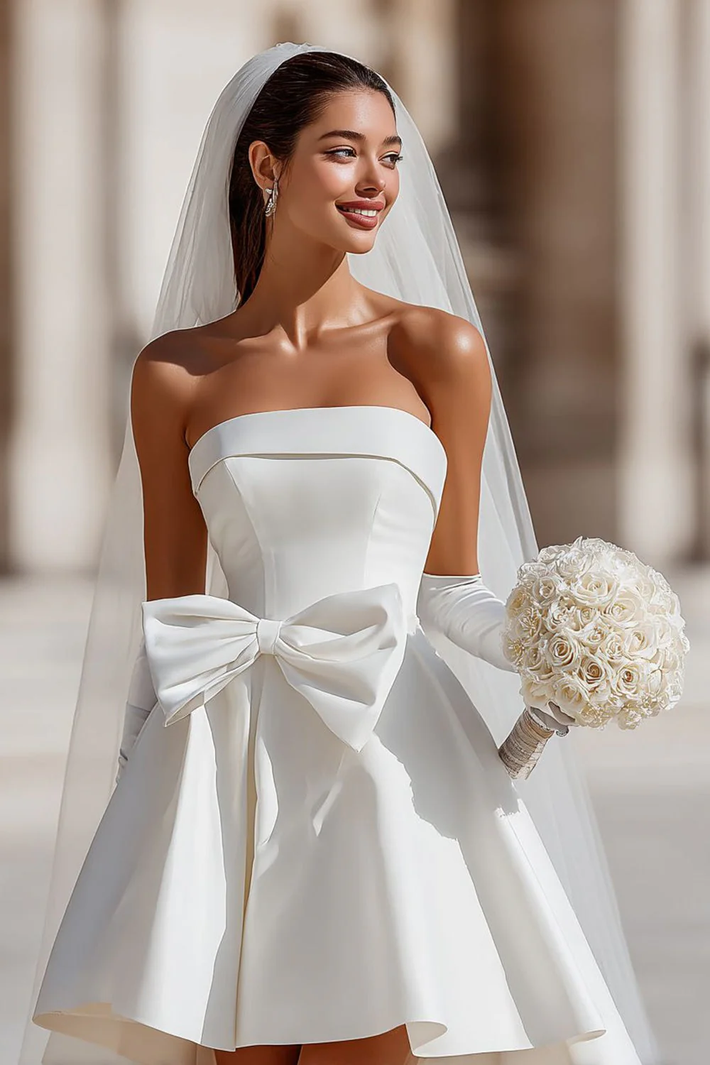 White A Line Strapless Short Wedding Dress with Pockets - Image 3