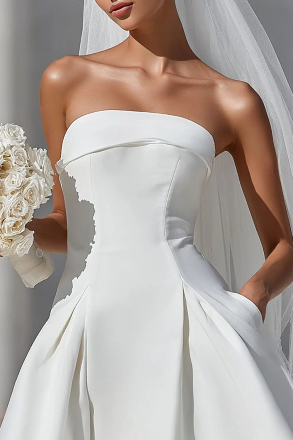 White A Line Strapless Short Wedding Dress with Pockets - Image 4