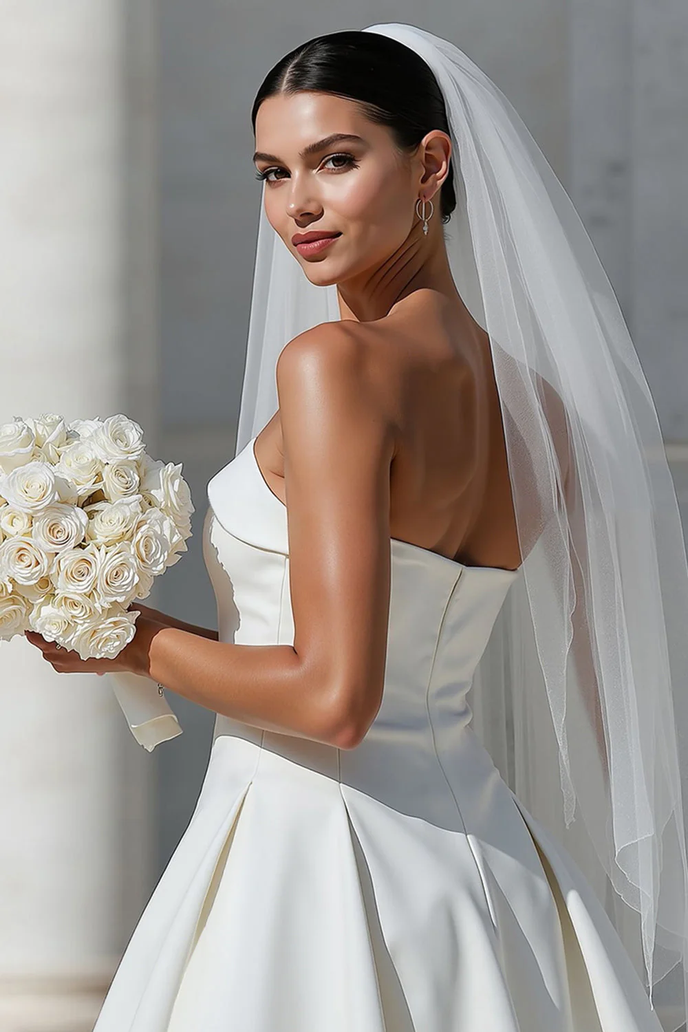 White A Line Strapless Short Wedding Dress with Pockets - Image 5