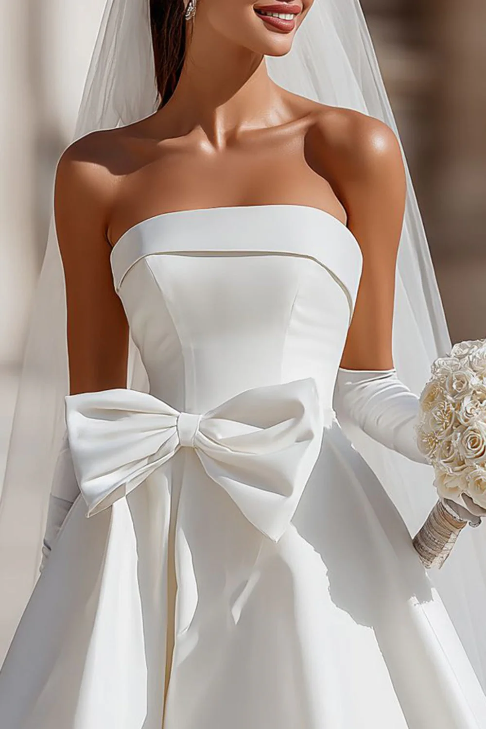 White A Line Strapless Short Wedding Dress with Pockets - Image 6