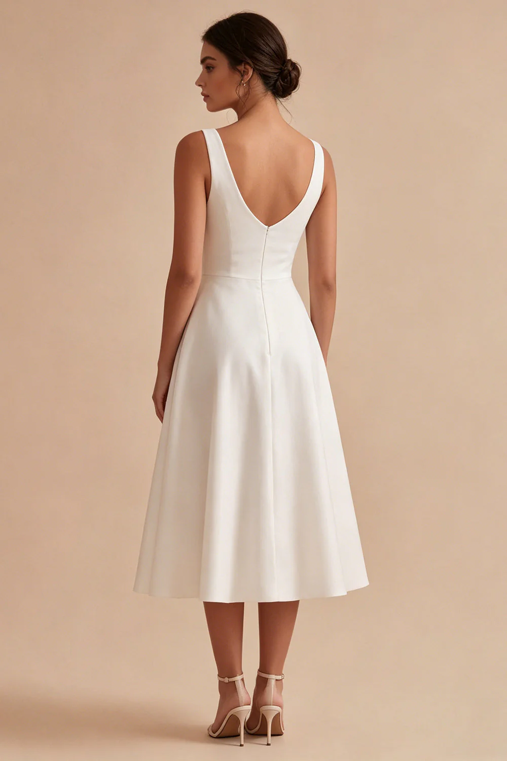 White A Line V Neck Midi Engagement Dress - Image 2