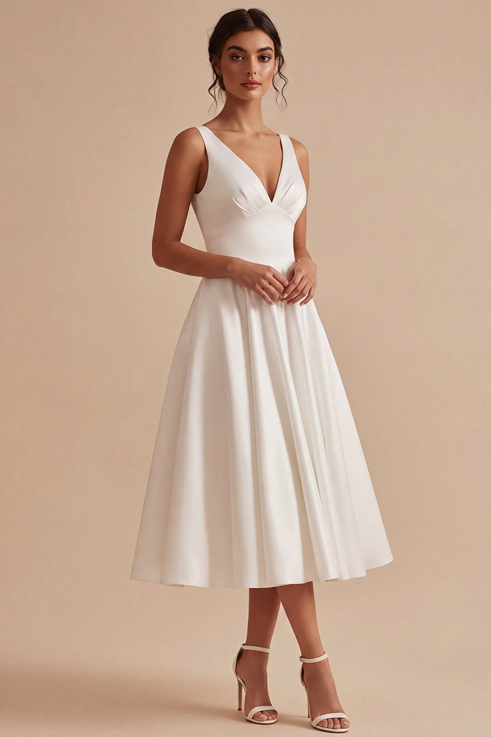 White A Line V Neck Midi Engagement Dress - Image 3