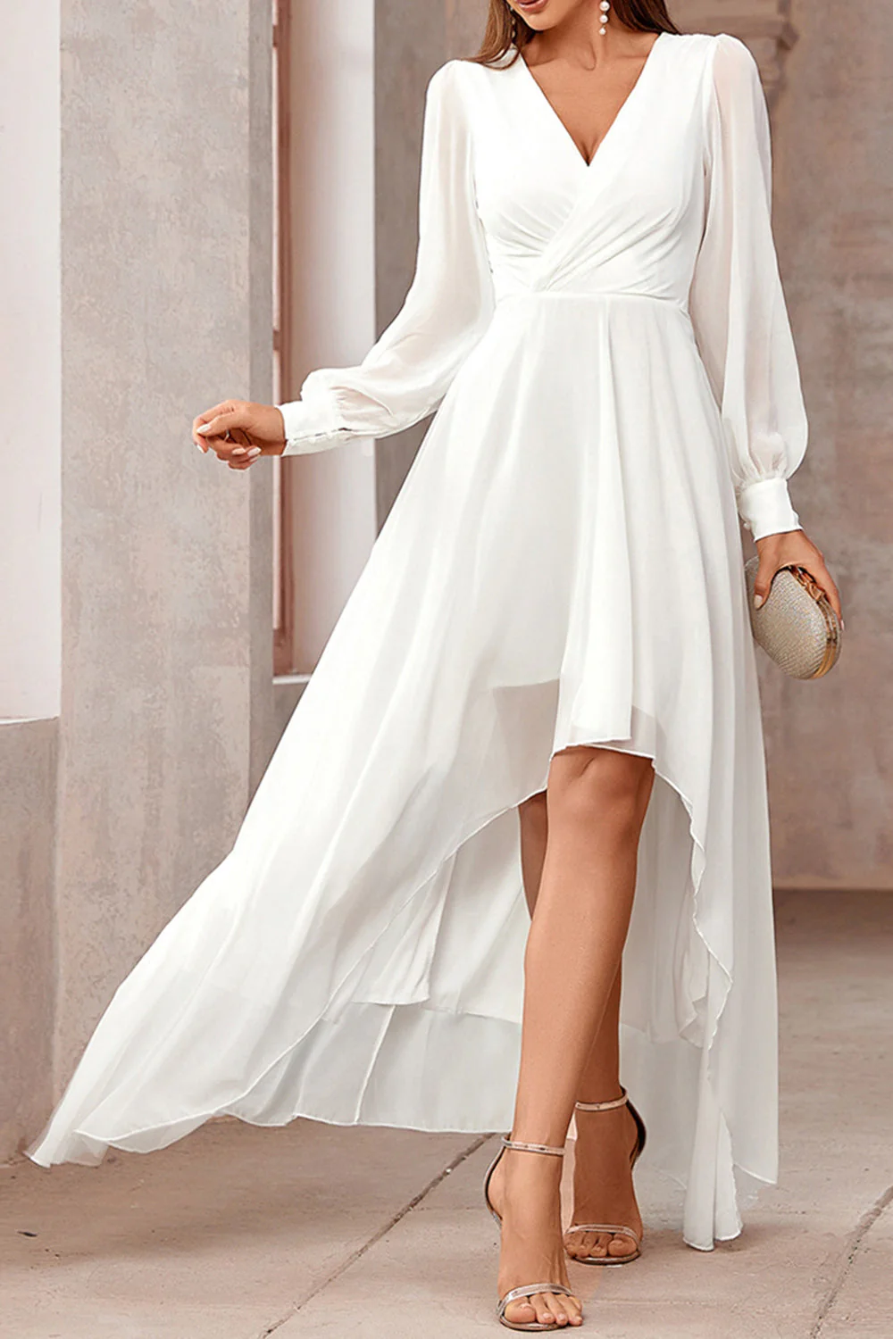 White A Line Wrap Long Sleeves High-Low Party Dress - Image 5