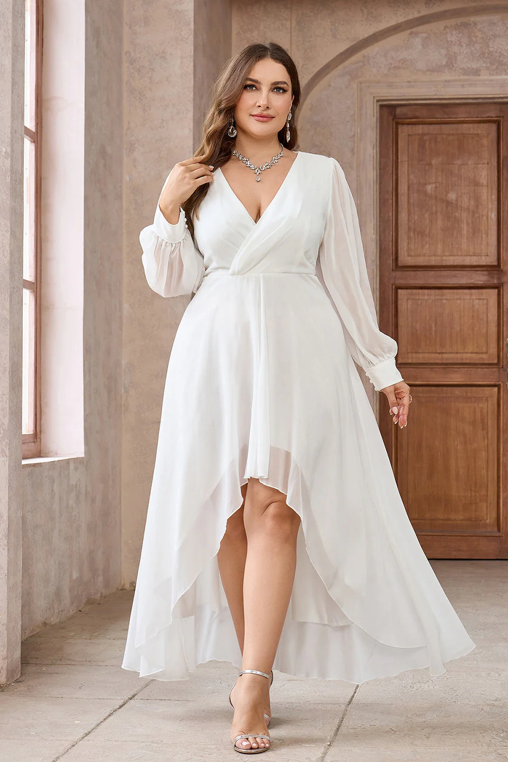 White A Line Wrap Long Sleeves High-Low Party Dress - Image 6