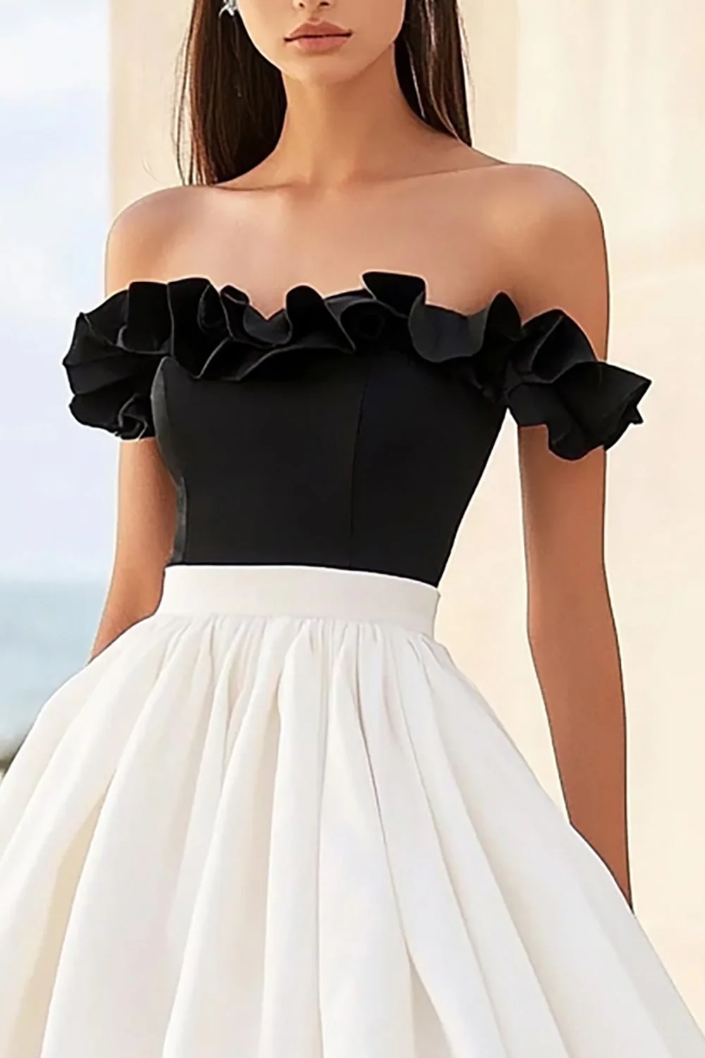 White and Black Ruffled Off the Shoulder Long Graduation Dress - Image 2