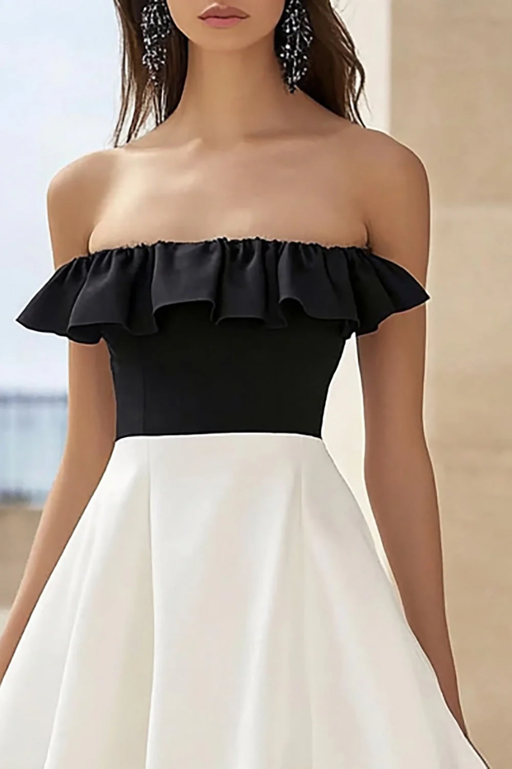 White and Black Satin A Line Strapless Graduatin Dress - Image 2