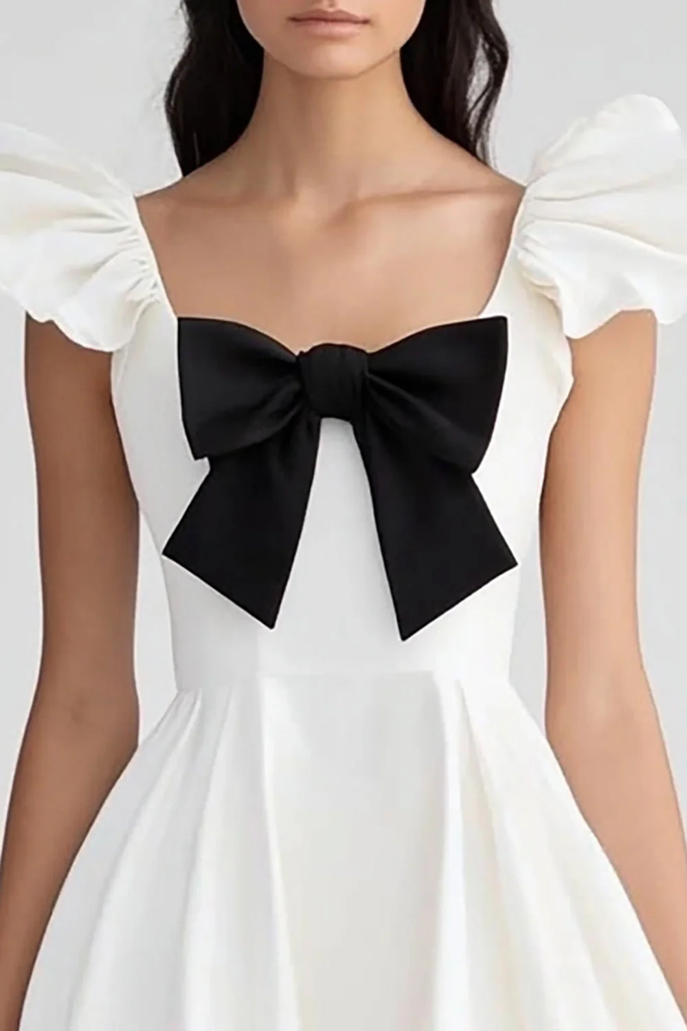 White and Black Satin Ruffled Graduation Dress with Bow - Image 2