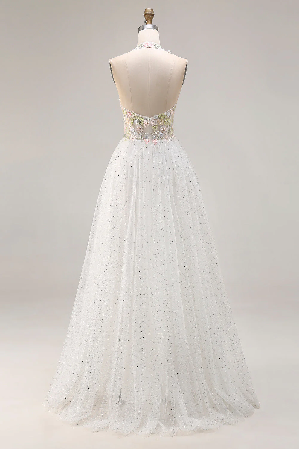 Halter White Corset A Line Tulle Long Prom Dress with Slit - Image 2