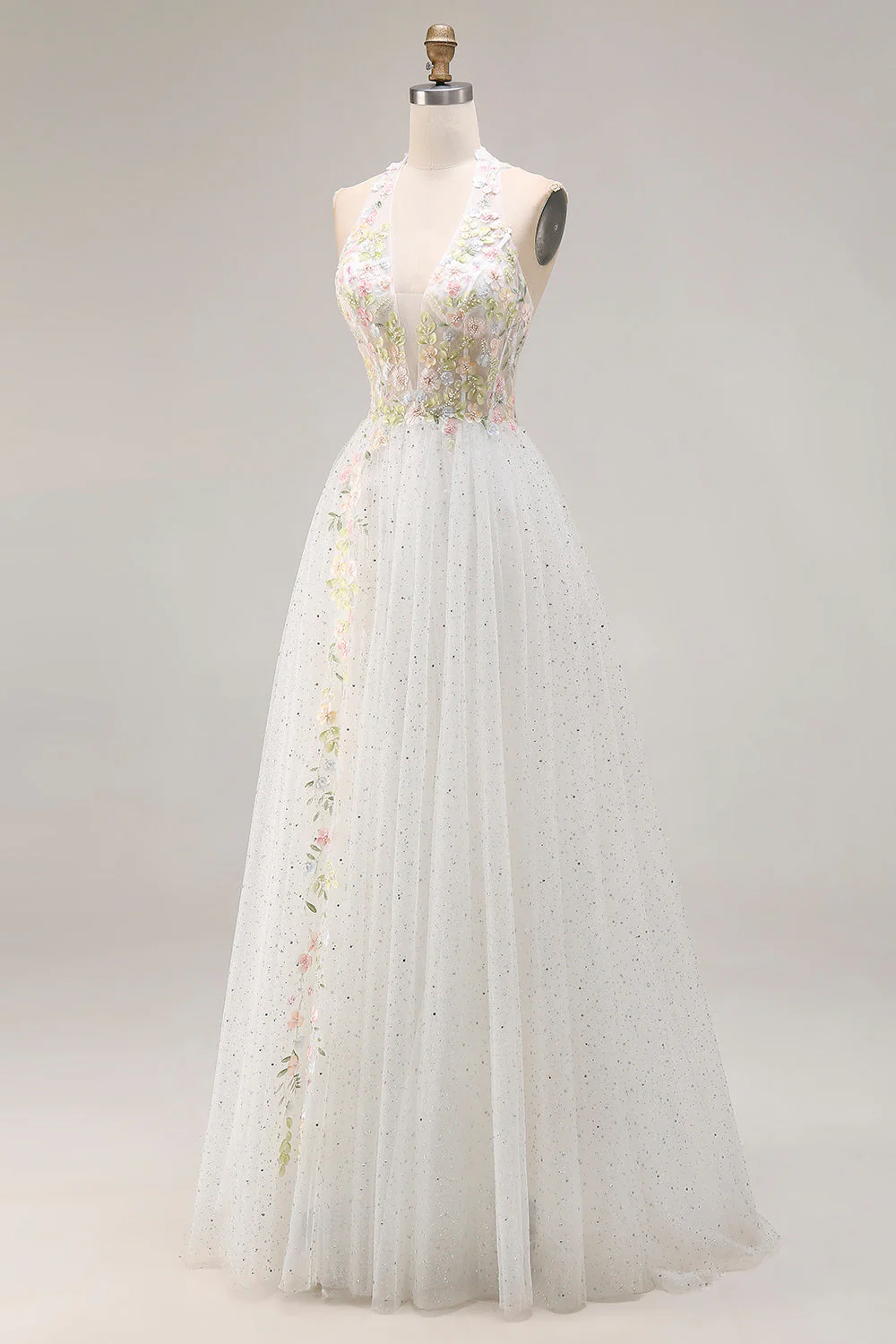 Halter White Corset A Line Tulle Long Prom Dress with Slit - Image 3