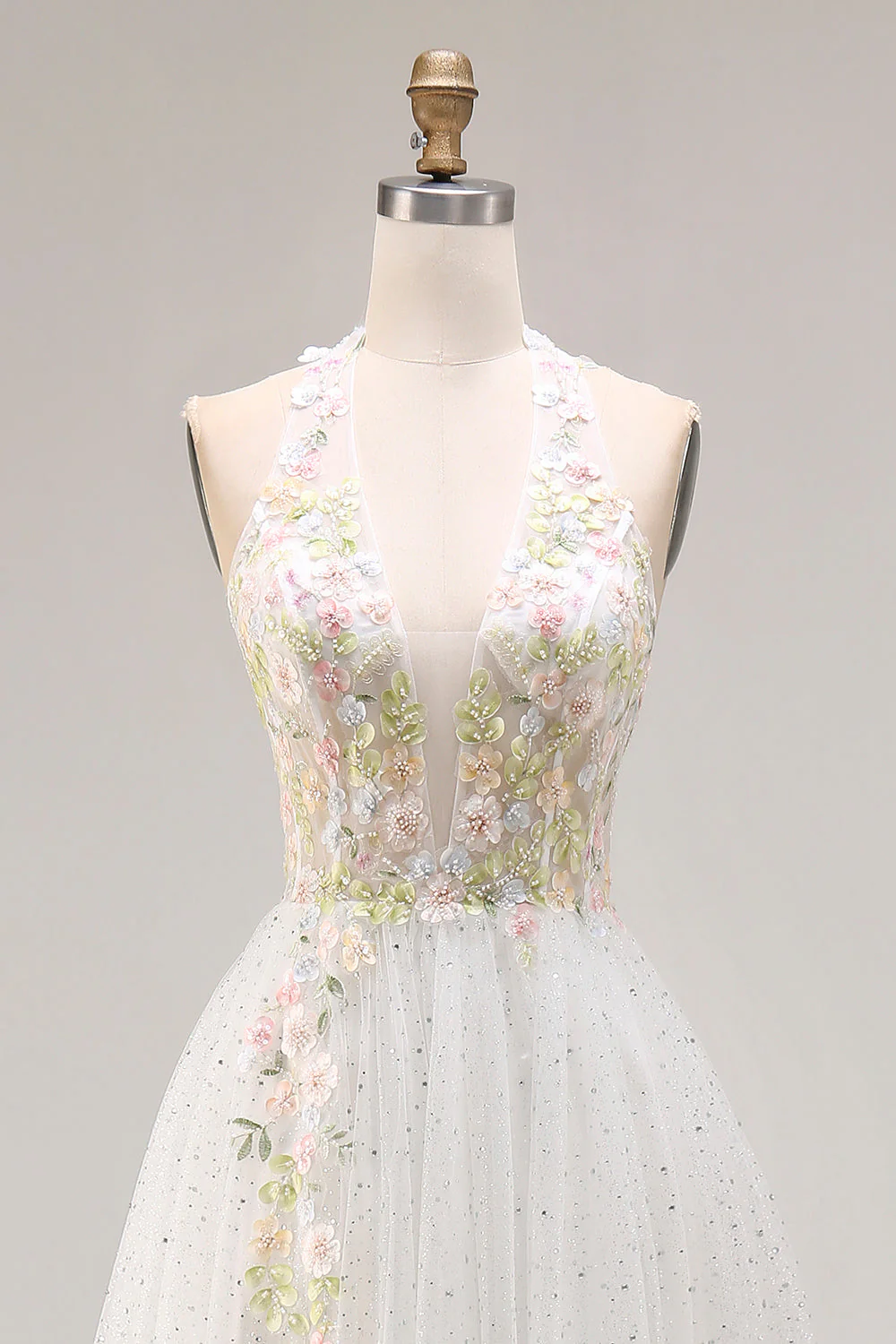 Halter White Corset A Line Tulle Long Prom Dress with Slit - Image 4