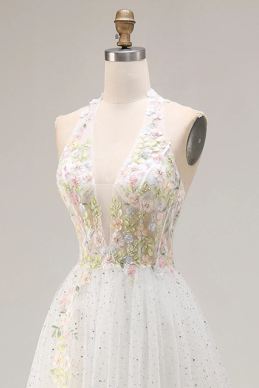 Halter White Corset A Line Tulle Long Prom Dress with Slit - Image 5