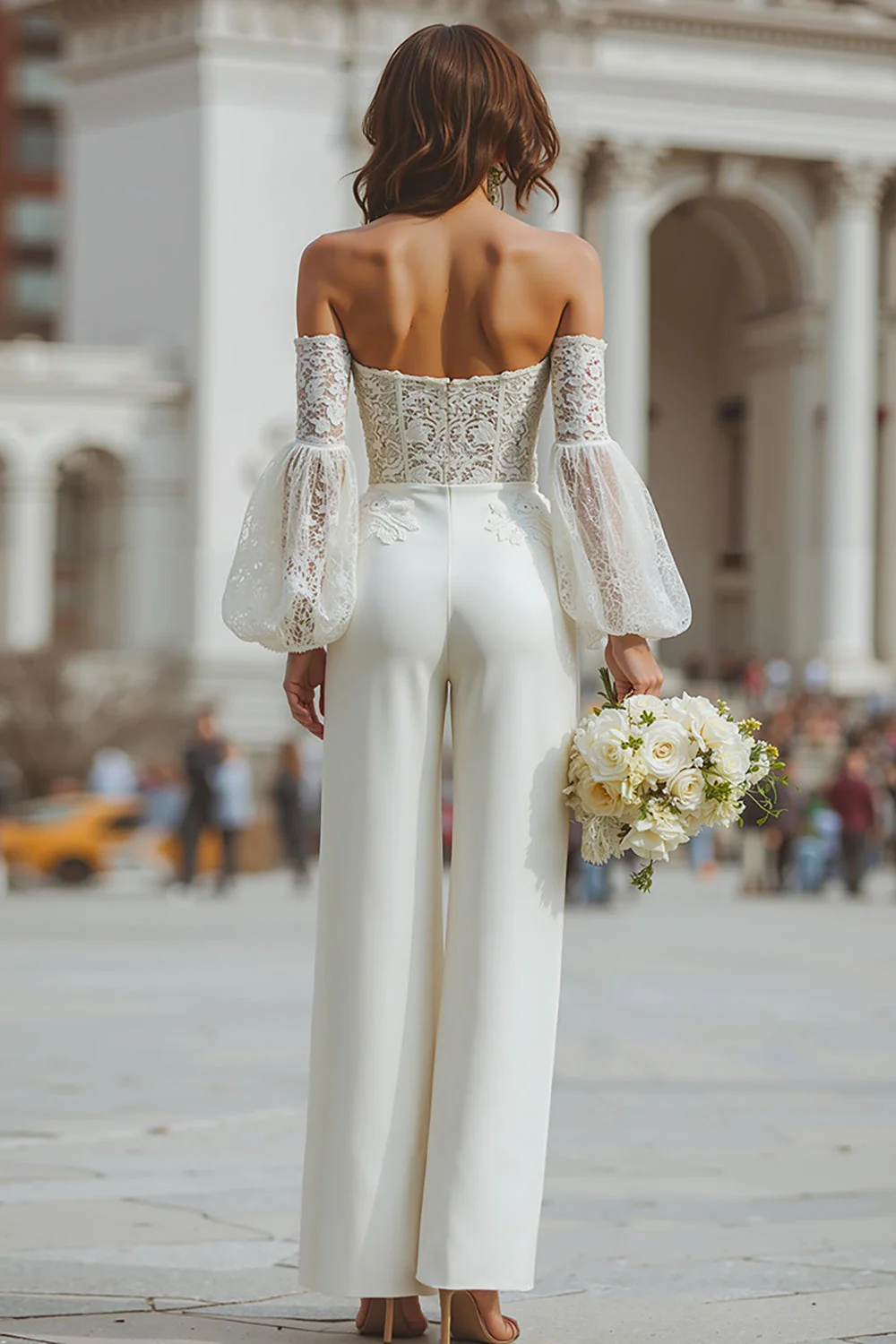 White Appliqued Long Sleeve Bridal Jumpsuits with Pockets - Image 2