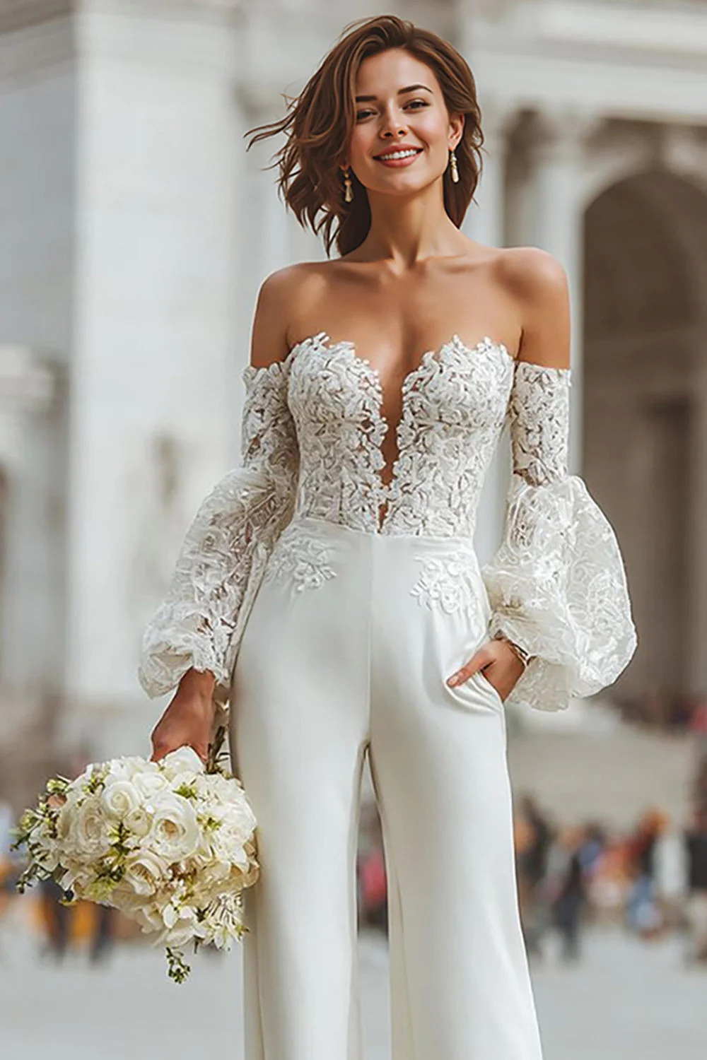 White Appliqued Long Sleeve Bridal Jumpsuits with Pockets - Image 3