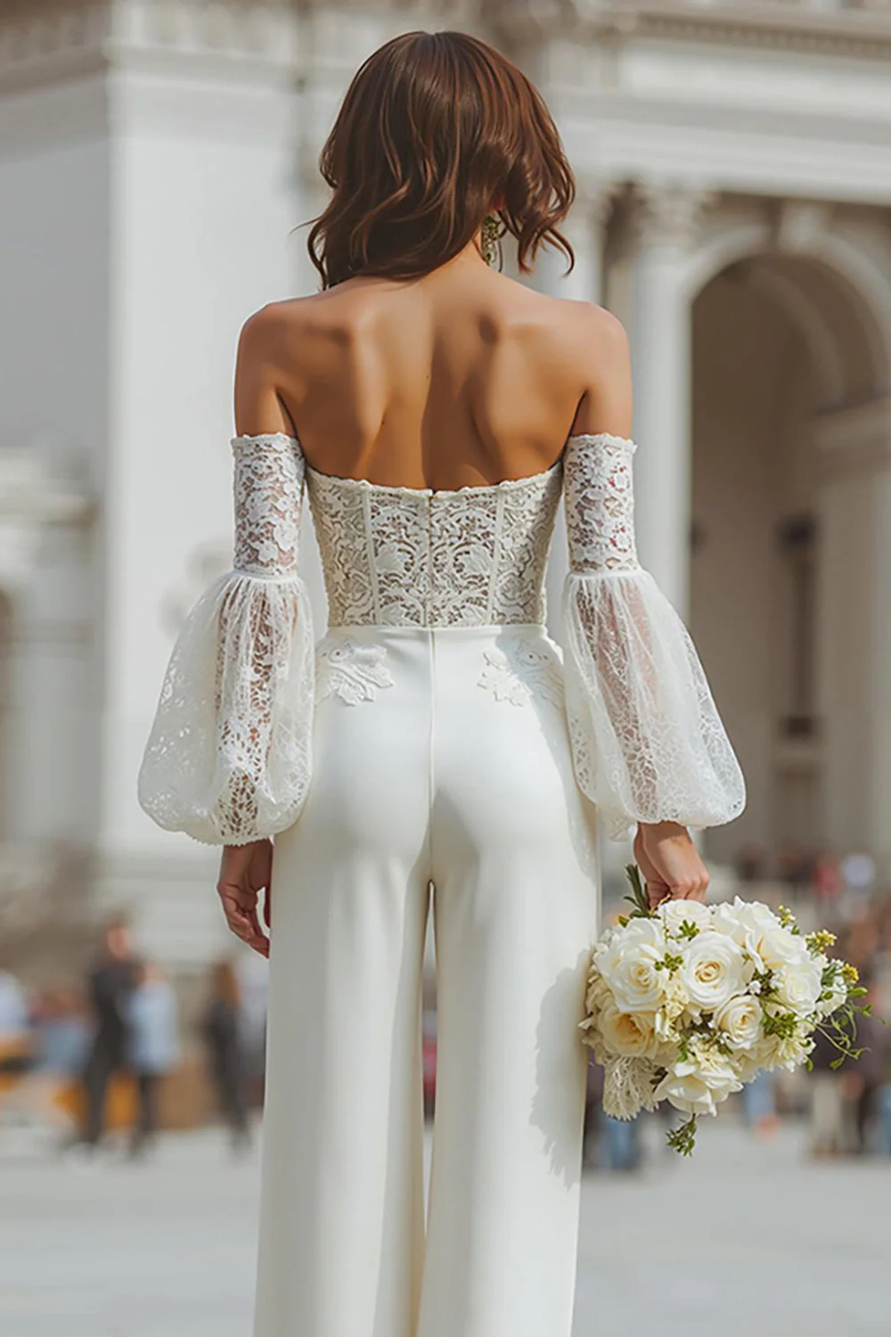 White Appliqued Long Sleeve Bridal Jumpsuits with Pockets - Image 4