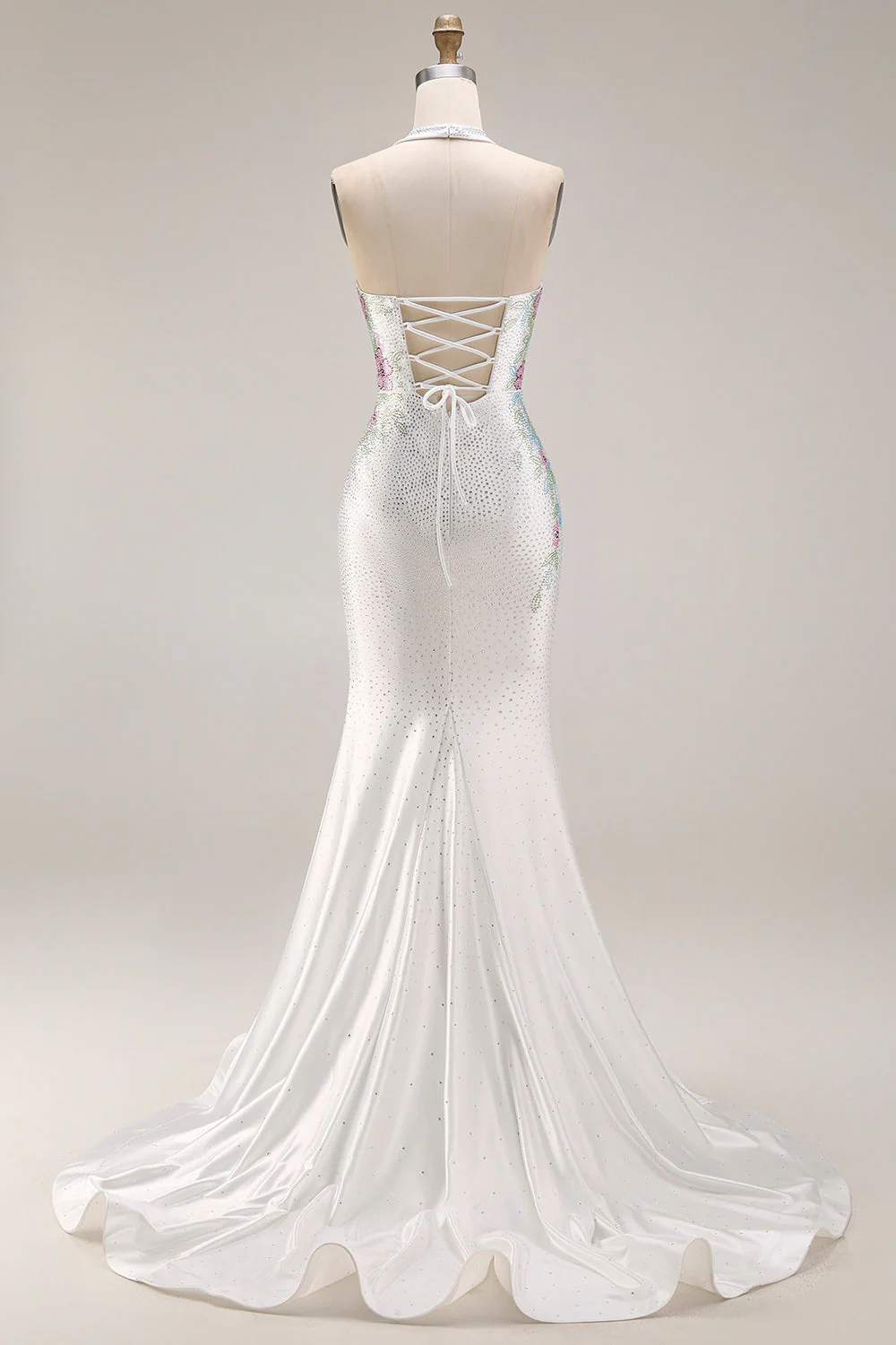 White Beaded Halter Mermaid Satin Long Prom Dress - Image 2