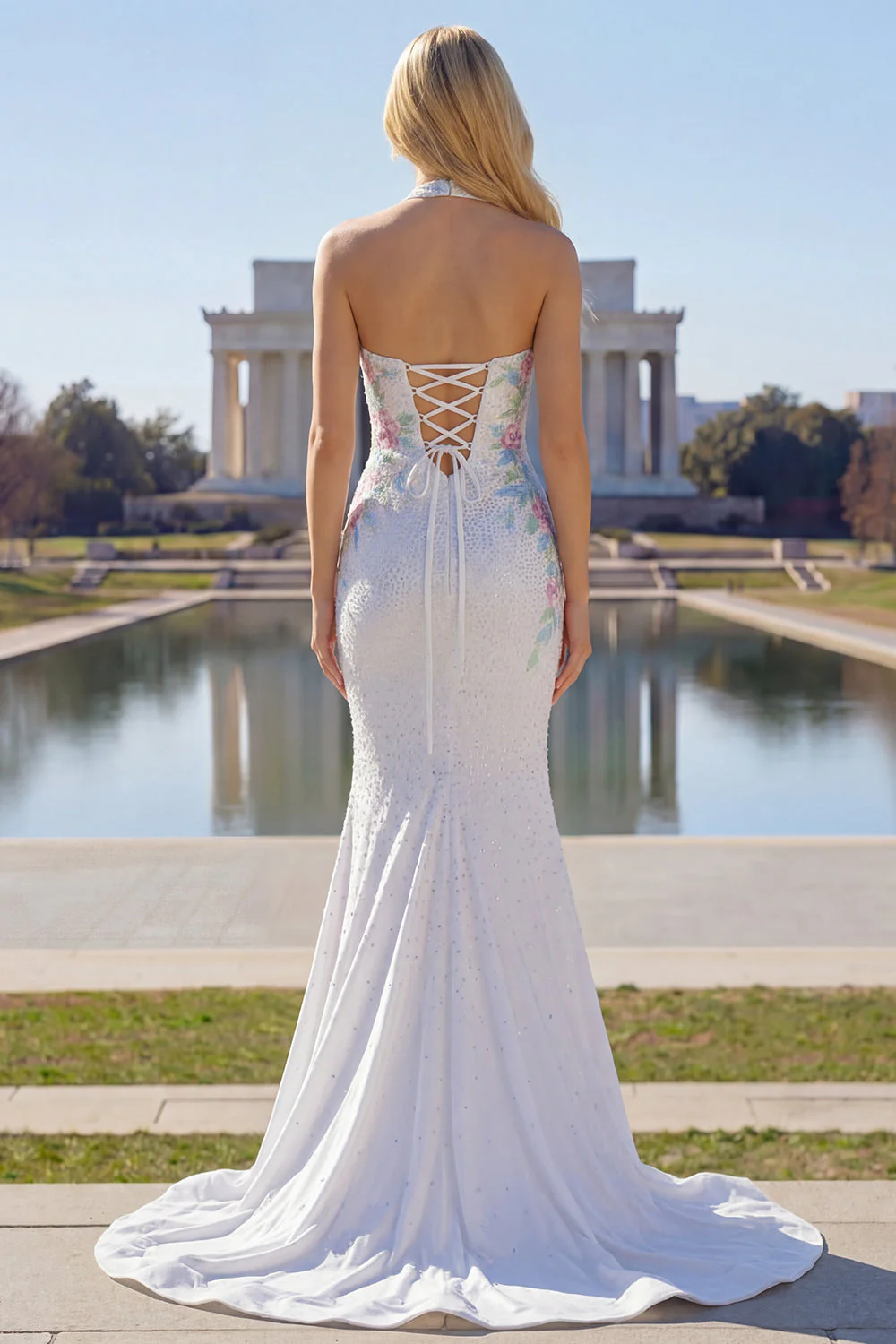 White Beaded Halter Mermaid Satin Long Prom Dress - Image 4