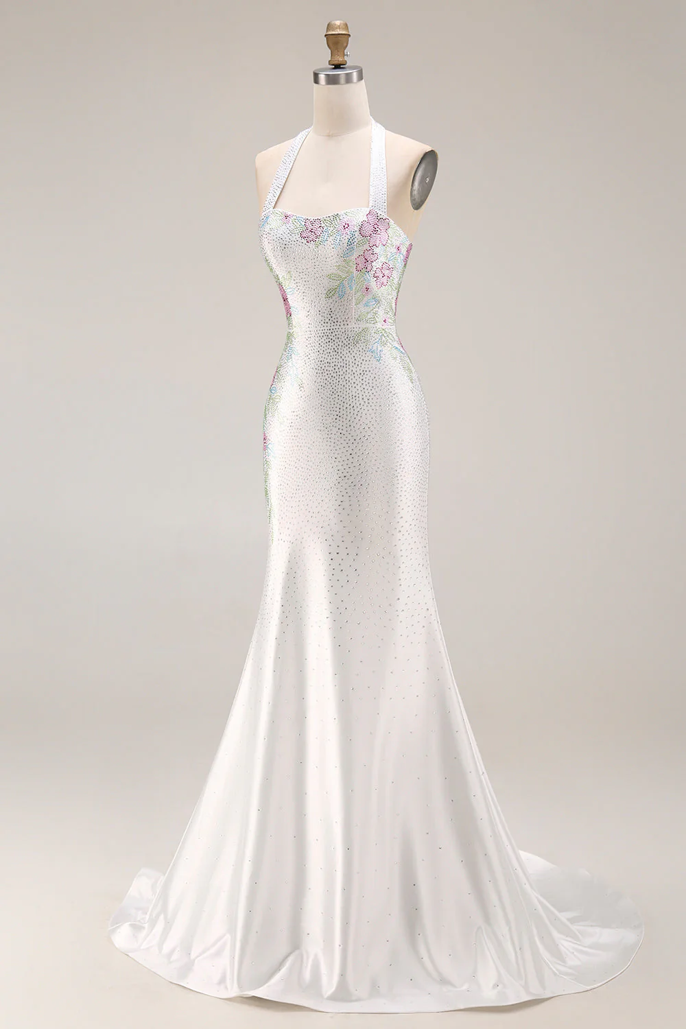 White Beaded Halter Mermaid Satin Long Prom Dress - Image 5