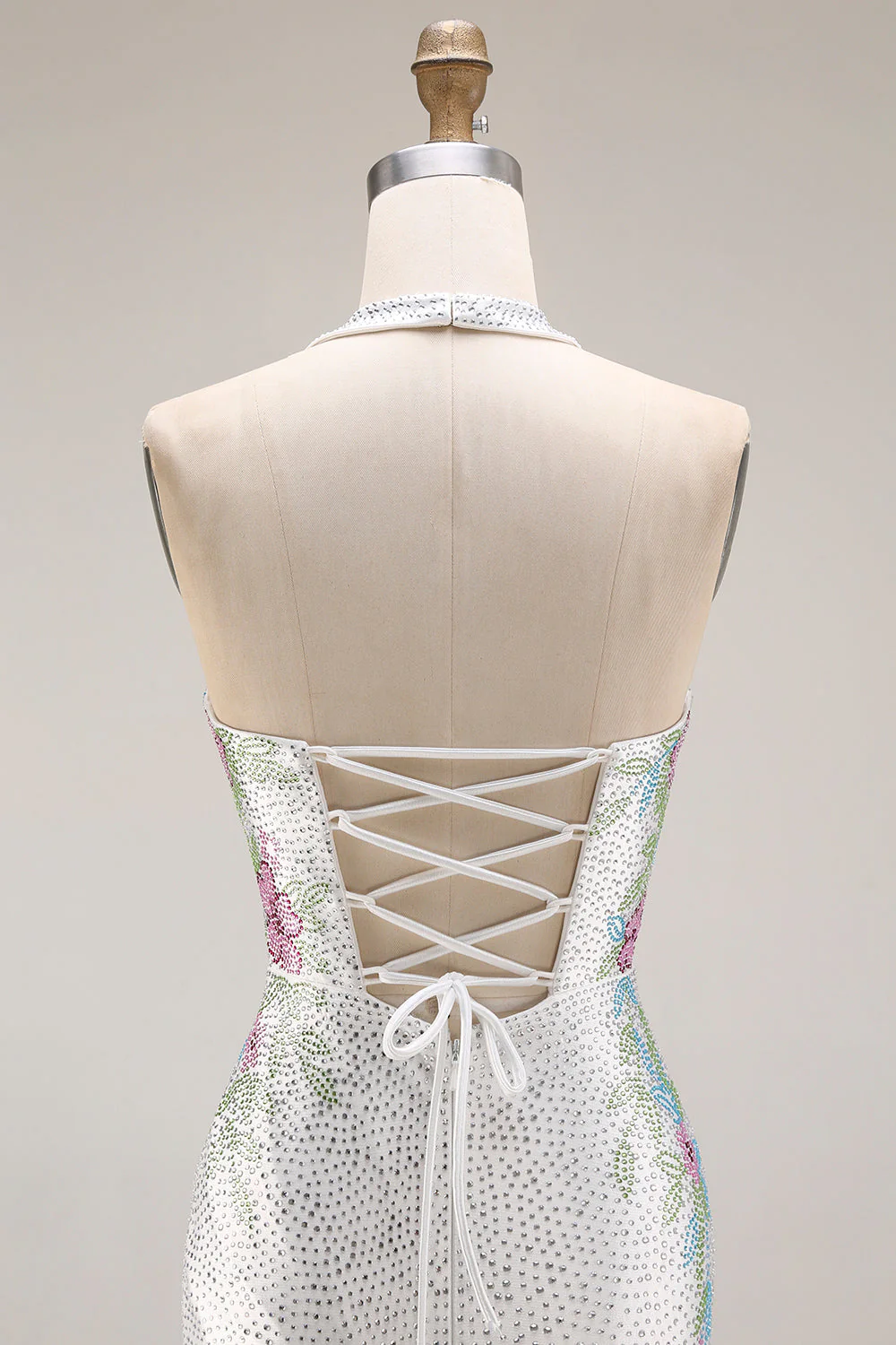 White Beaded Halter Mermaid Satin Long Prom Dress - Image 8