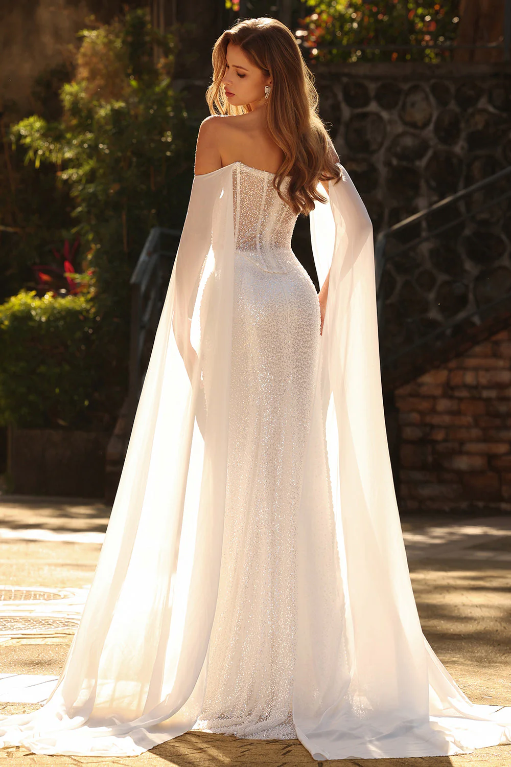 White Beaded Sweetheart Mermaid Basque Waist Sequin Long Prom Dress with Cape - Image 2