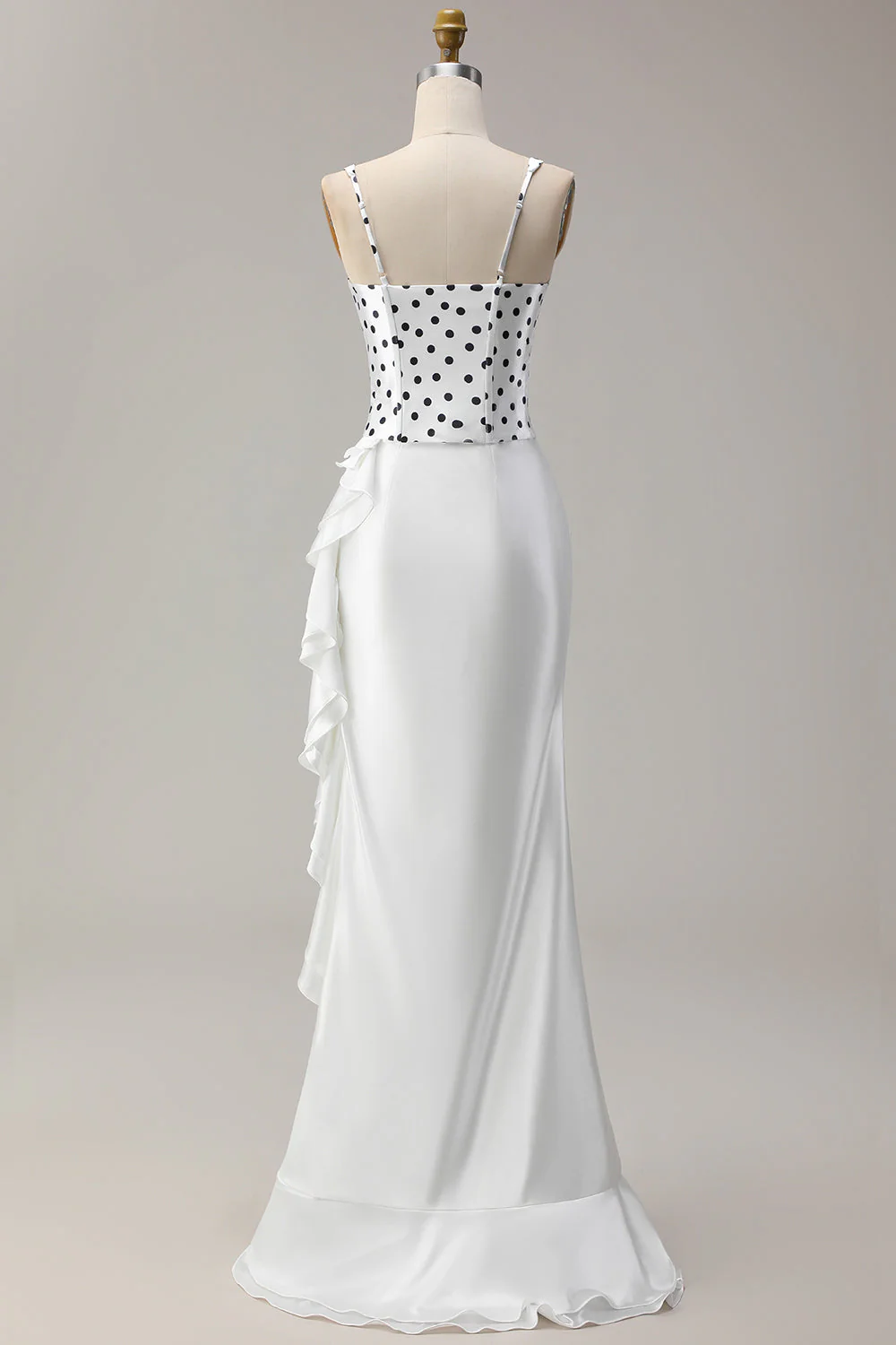 White Black Polka Dots Mermaid Ruffled Satin Long Prom Dress with Slit - Image 2