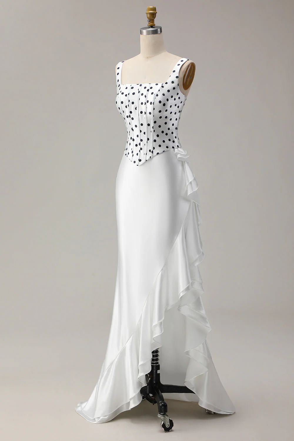 White Black Polka Dots Mermaid Ruffled Satin Long Prom Dress with Slit - Image 3