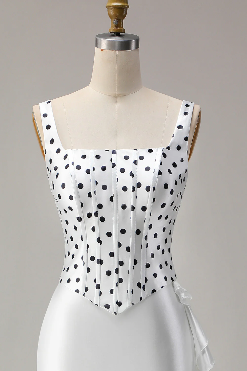 White Black Polka Dots Mermaid Ruffled Satin Long Prom Dress with Slit - Image 4