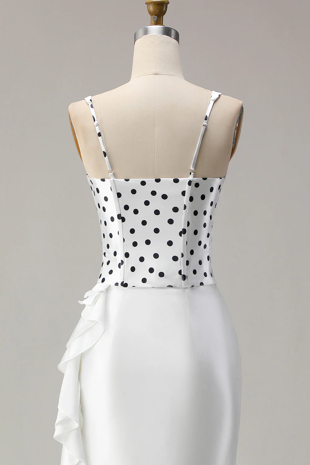 White Black Polka Dots Mermaid Ruffled Satin Long Prom Dress with Slit - Image 5