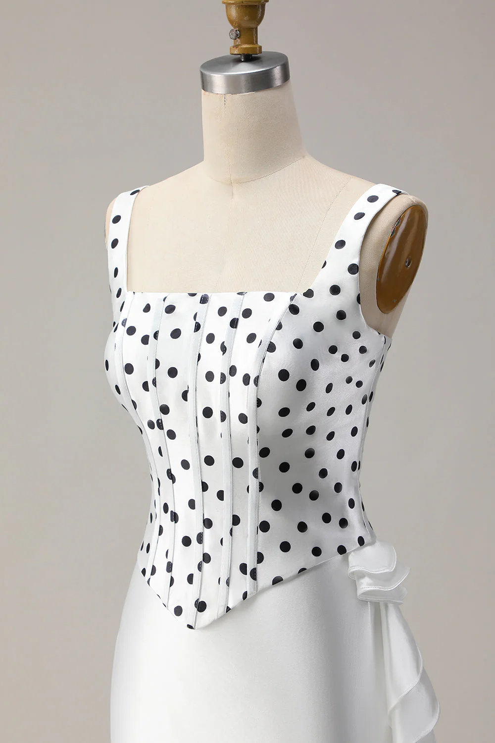White Black Polka Dots Mermaid Ruffled Satin Long Prom Dress with Slit - Image 6