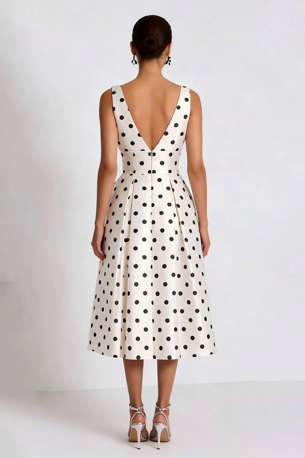 White Black Polka Dots A-Line V-Neck Midi Work Dress with Pockets - Image 2