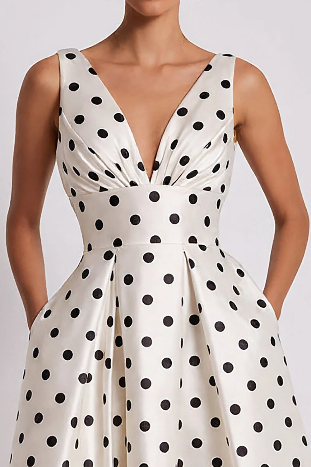 White Black Polka Dots A-Line V-Neck Midi Work Dress with Pockets - Image 3