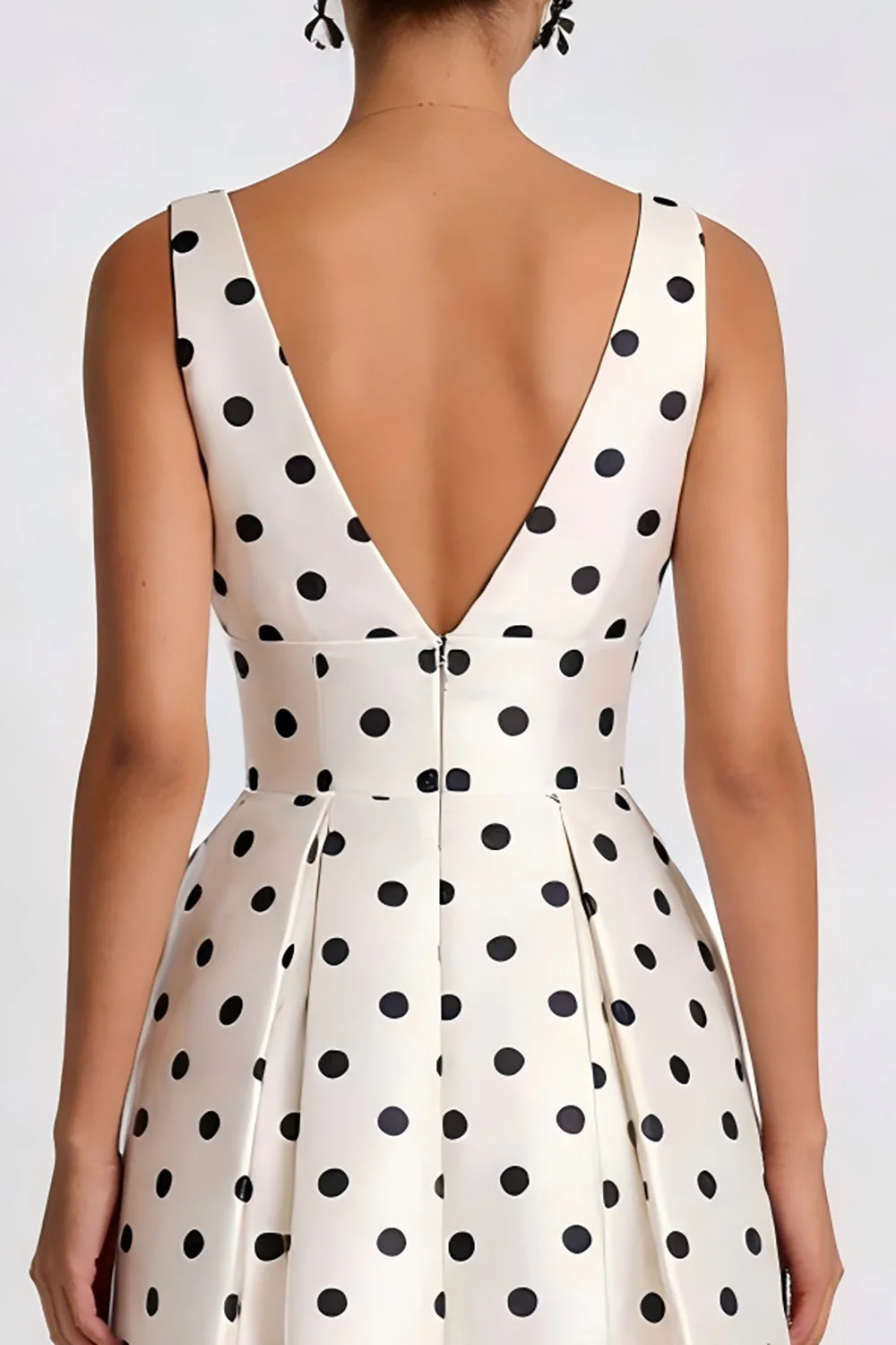 White Black Polka Dots A-Line V-Neck Midi Work Dress with Pockets - Image 4