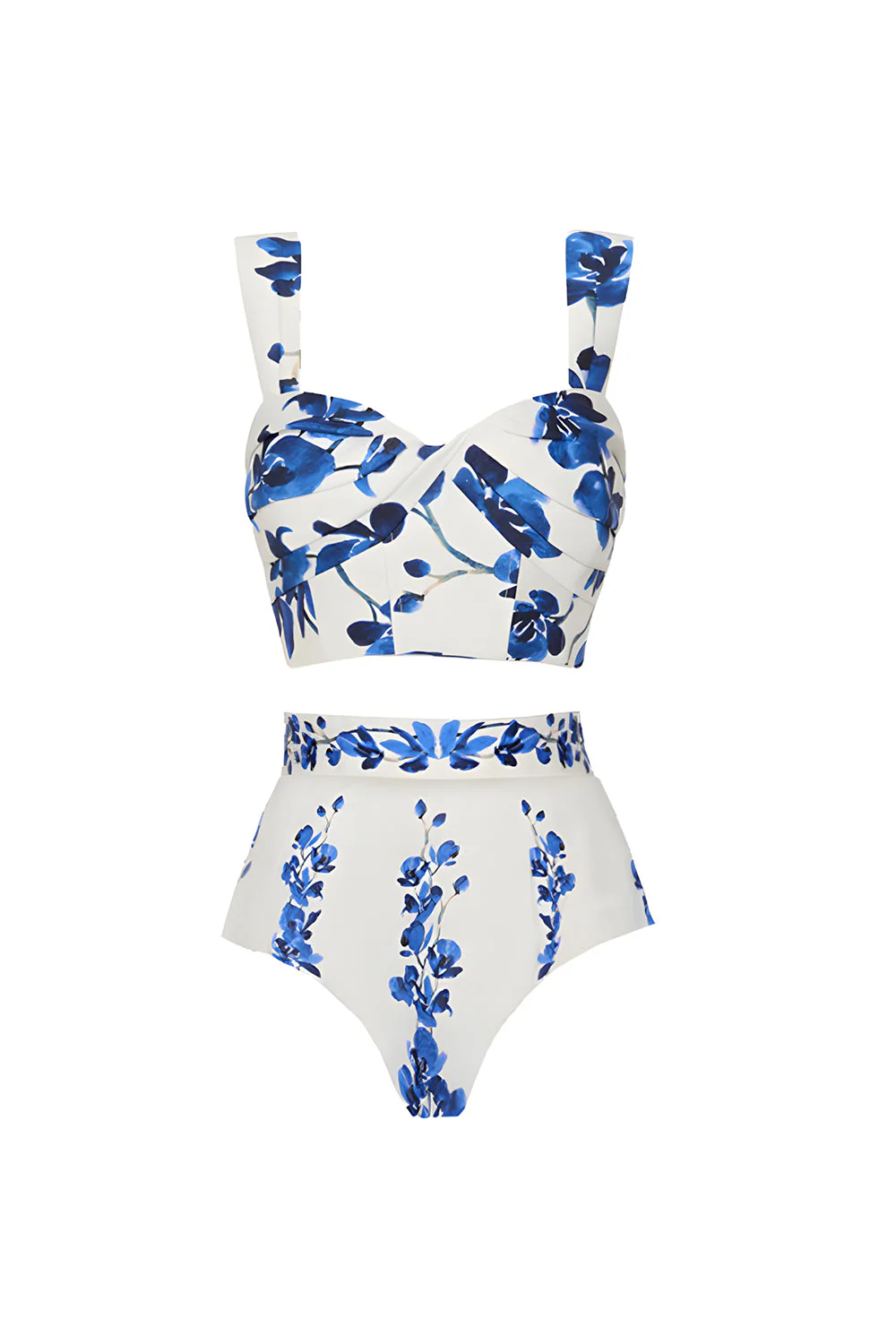 White Blue Floral 3 Piece Print Floral Swimwear Set with Beach Dress - Image 2