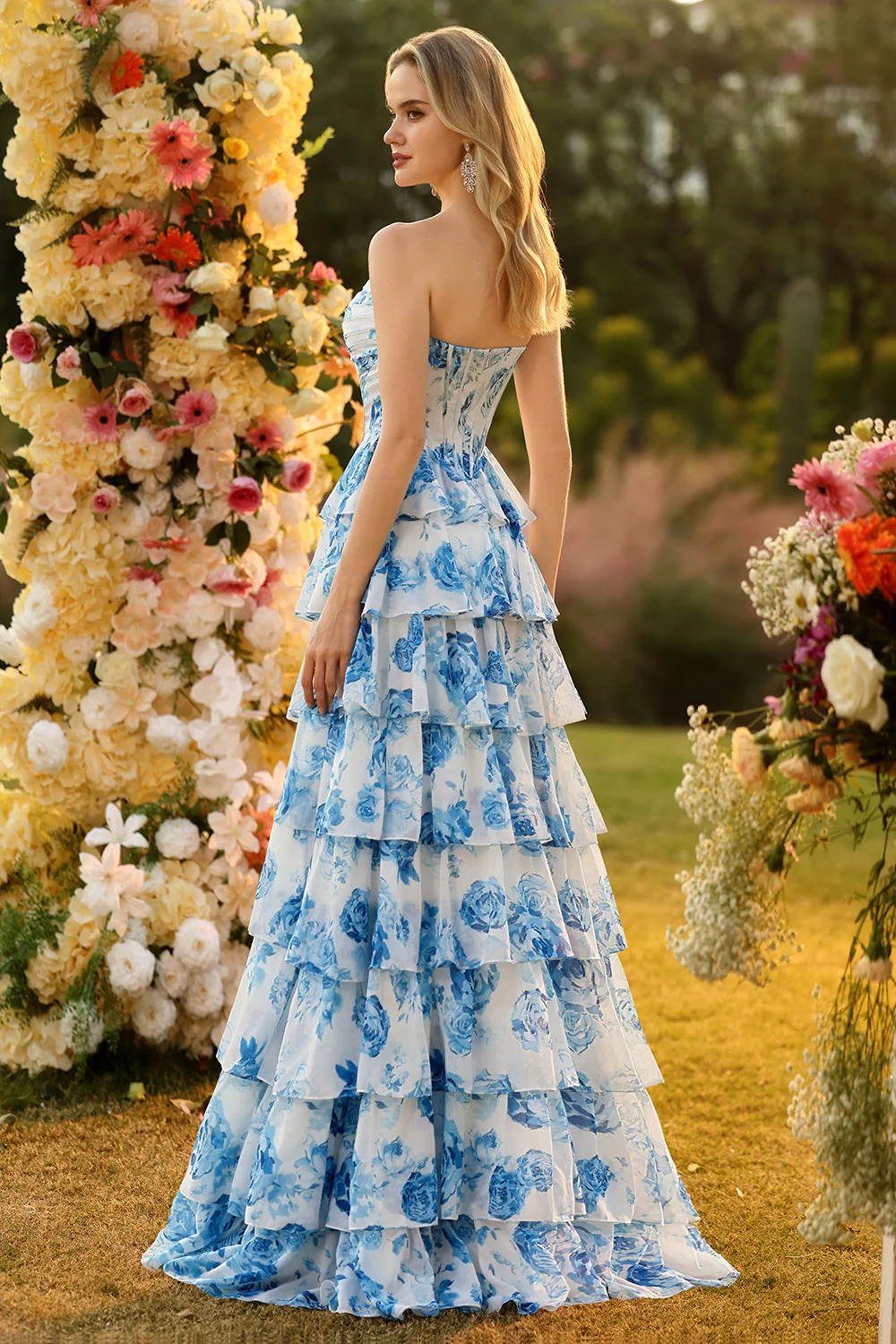 White Blue Floral A Line Strapless Corset Tiered Ruffle Long Prom Dress with Slit - Image 2