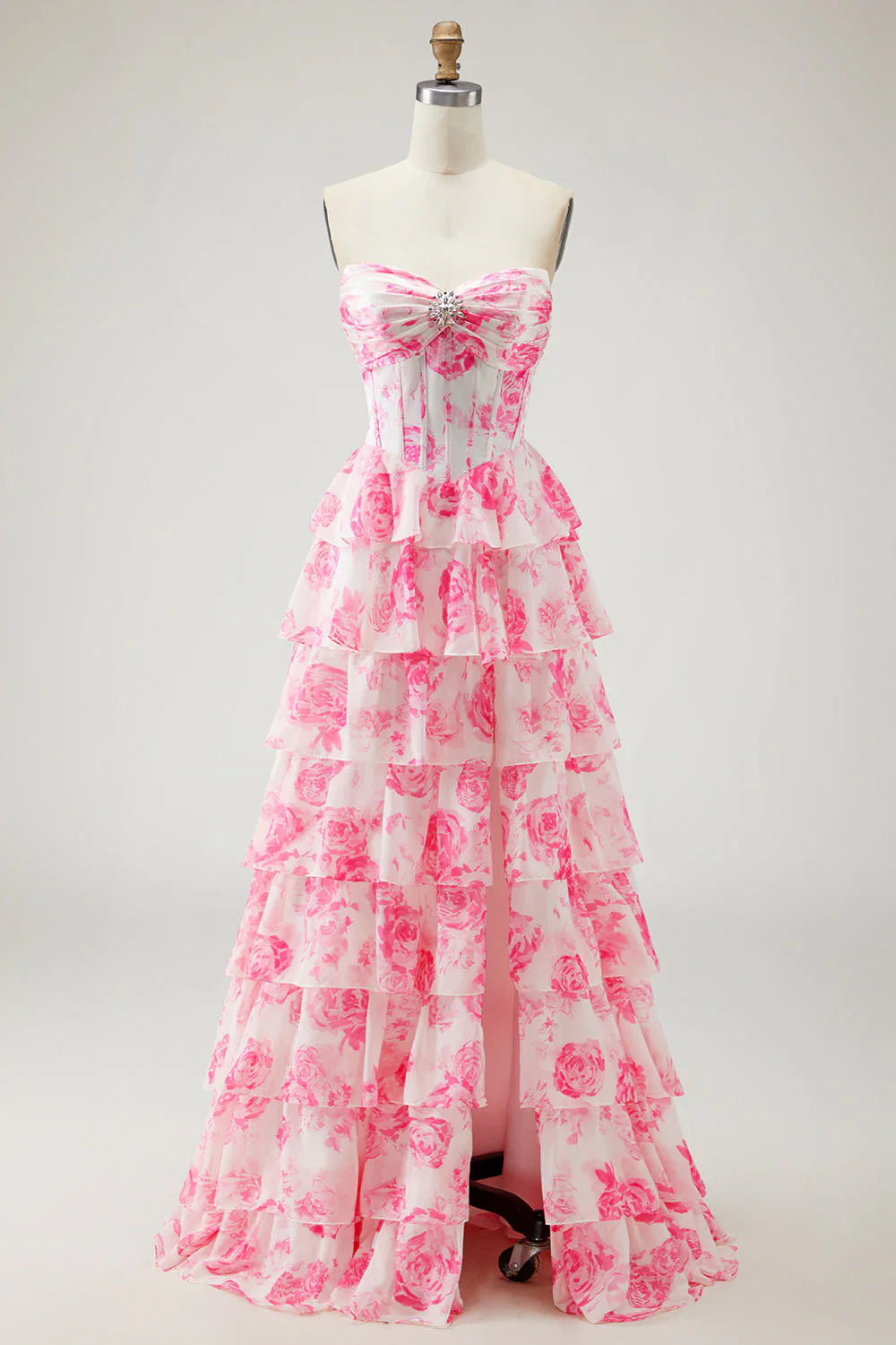White Blue Floral A Line Strapless Corset Tiered Ruffle Long Prom Dress with Slit - Image 7