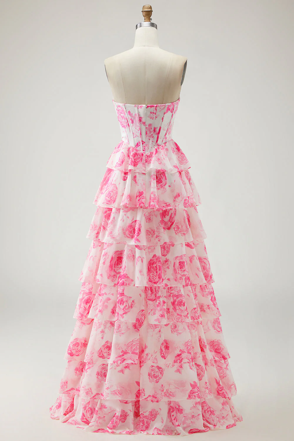 White Blue Floral A Line Strapless Corset Tiered Ruffle Long Prom Dress with Slit - Image 8