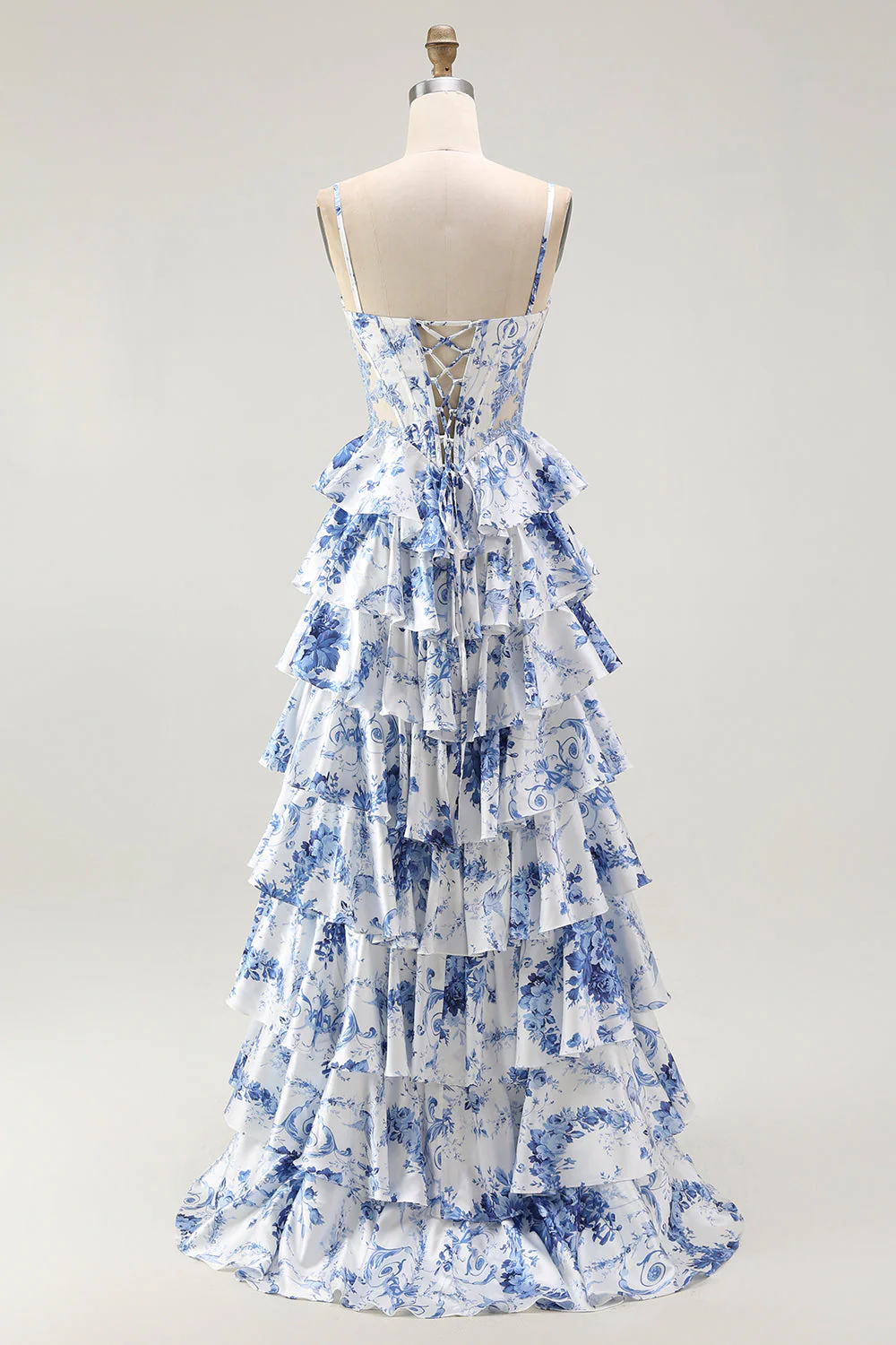 White Blue Floral Corset A Line Tiered Prom Dress - Image 2