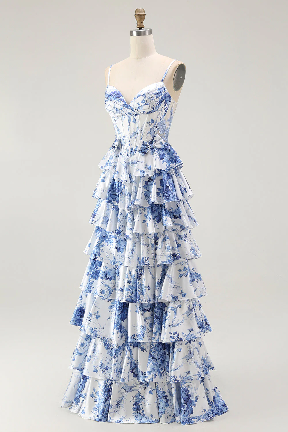 White Blue Floral Corset A Line Tiered Prom Dress - Image 3