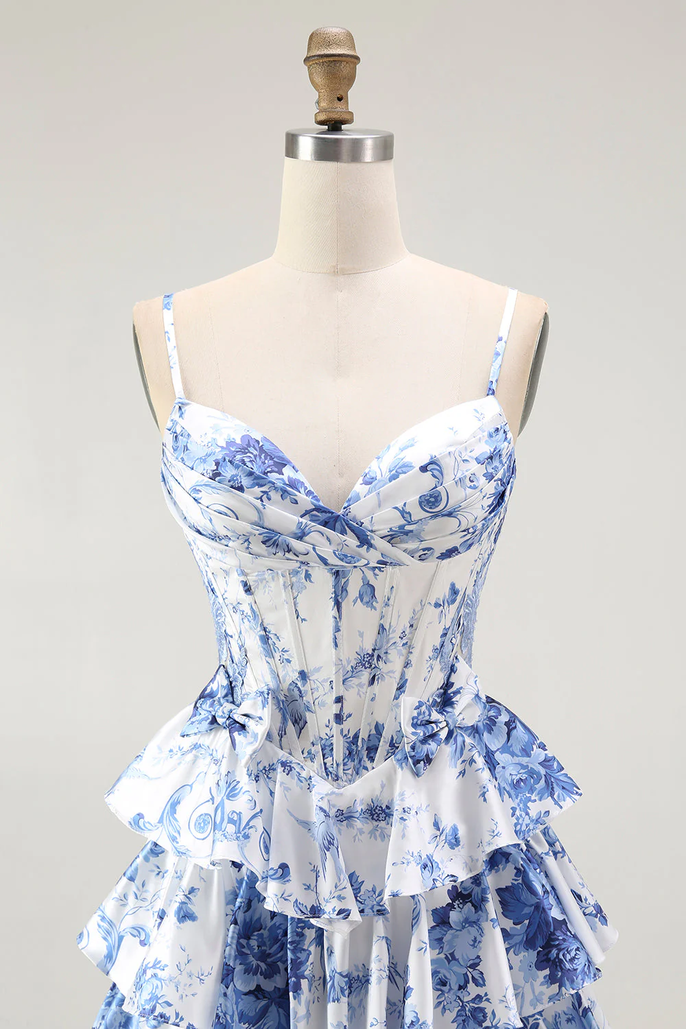 White Blue Floral Corset A Line Tiered Prom Dress - Image 4