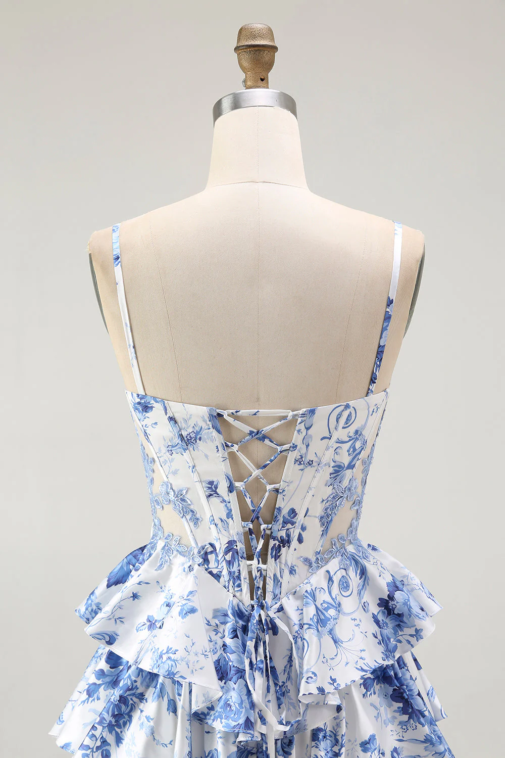 White Blue Floral Corset A Line Tiered Prom Dress - Image 5