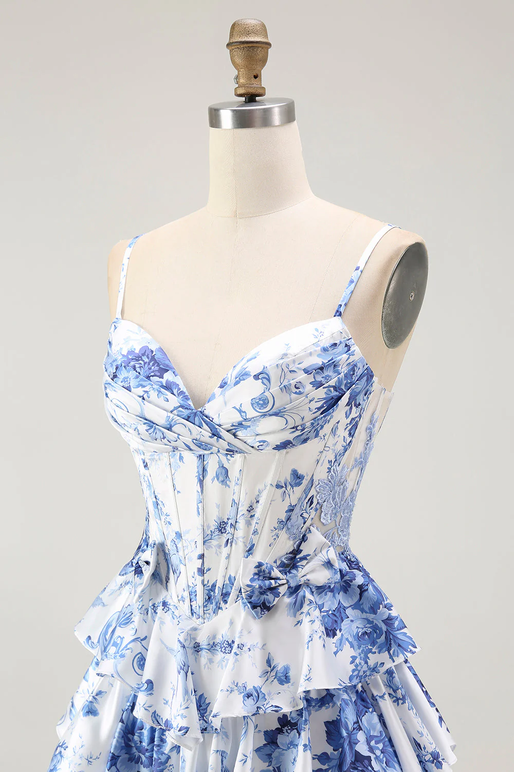 White Blue Floral Corset A Line Tiered Prom Dress - Image 6