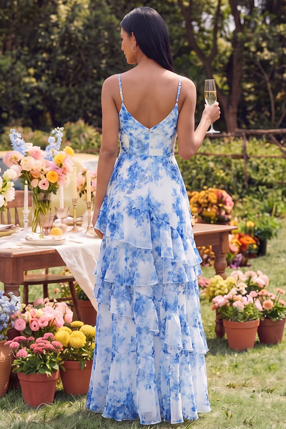 White Blue Flower A Line Ruffled Printed Chiffon Maxi Floral Dress - Image 2