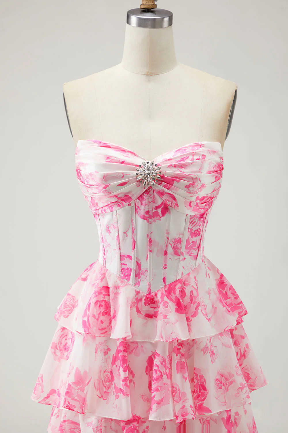 White Blue Floral Strapless A Line Corset Tiered Ruffle Long Prom Dress with Slit - Image 10
