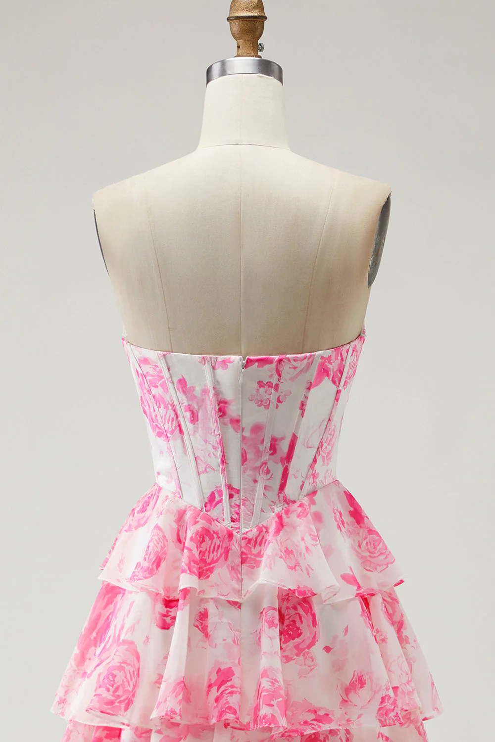 White Blue Floral Strapless A Line Corset Tiered Ruffle Long Prom Dress with Slit - Image 11