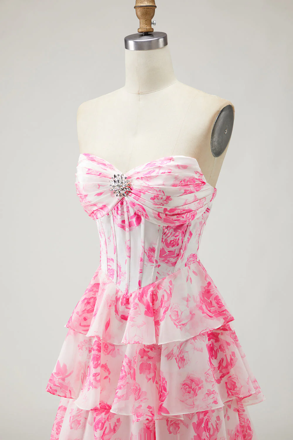 White Blue Floral Strapless A Line Corset Tiered Ruffle Long Prom Dress with Slit - Image 12