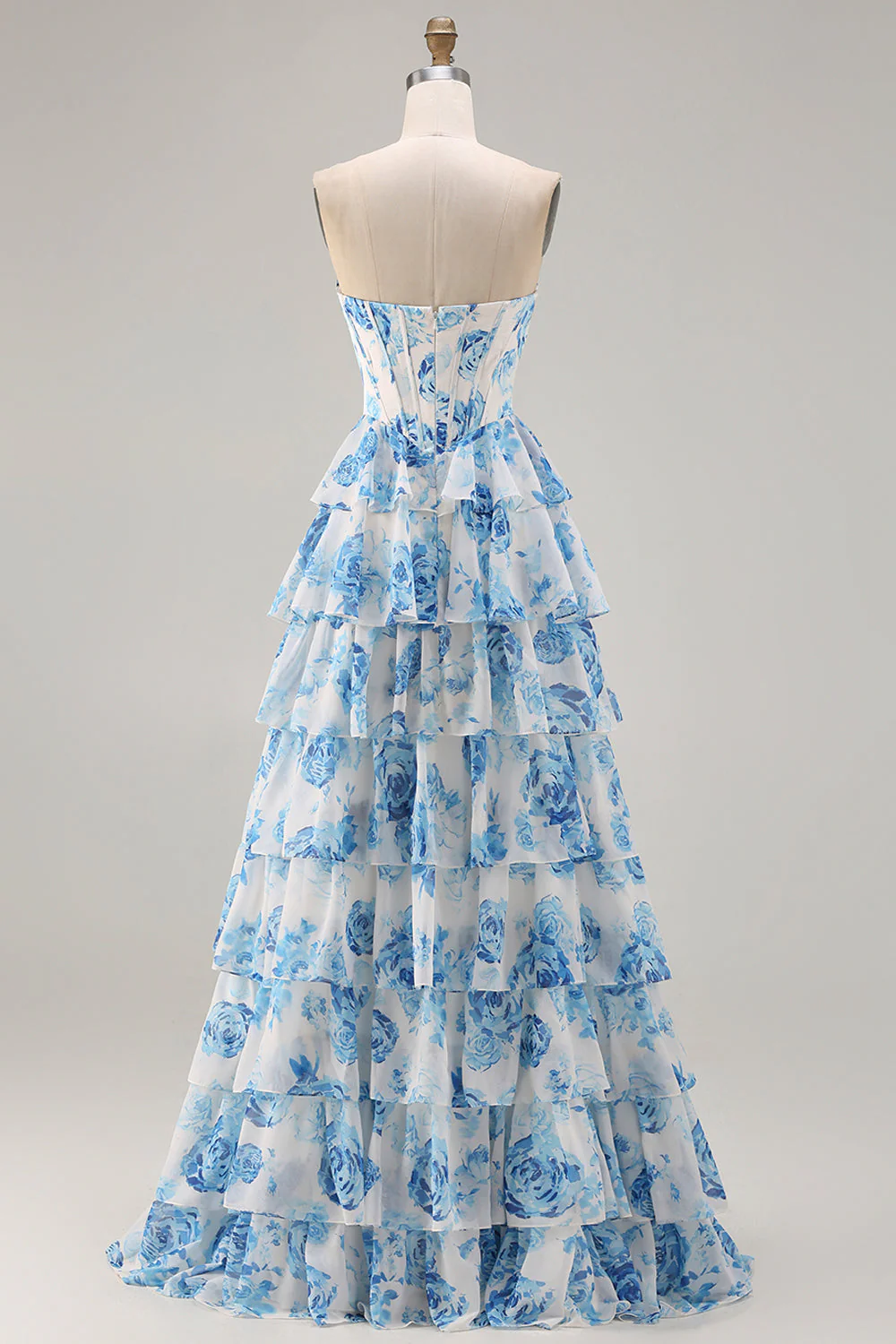 White Blue Floral Strapless A Line Corset Tiered Ruffle Long Prom Dress with Slit - Image 2