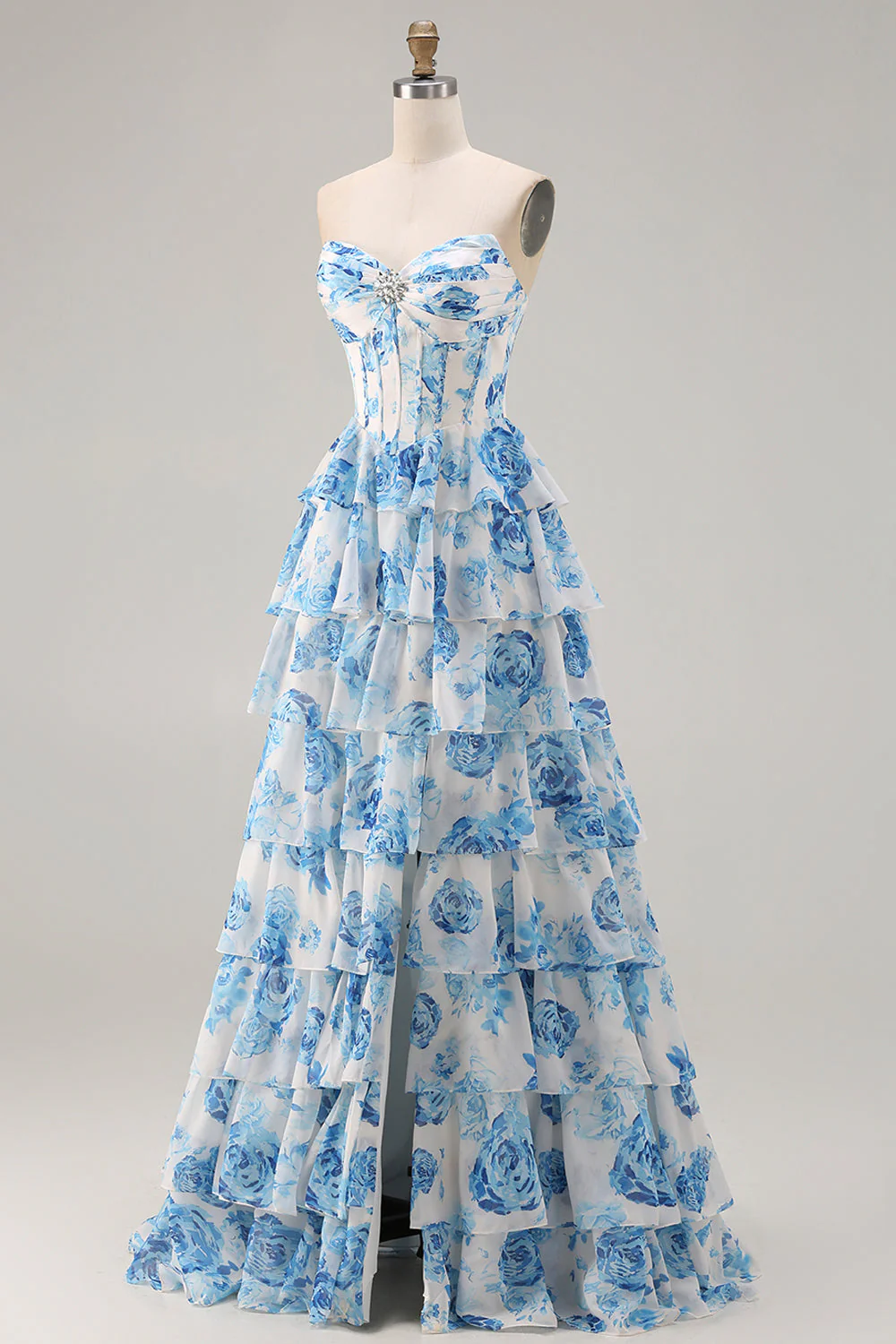 White Blue Floral Strapless A Line Corset Tiered Ruffle Long Prom Dress with Slit - Image 3